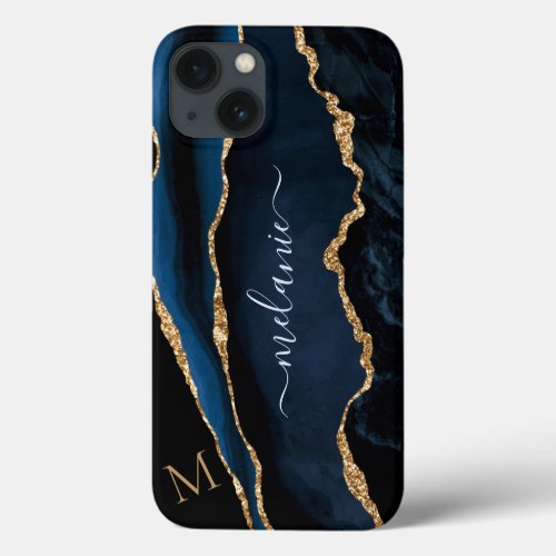 Agate Navy Blue Gold Marble Monogram iPhone Case