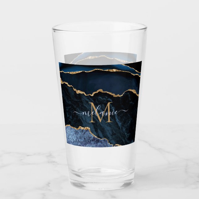 Agate Navy Blue Gold Marble Monogram Name Glass (Front)