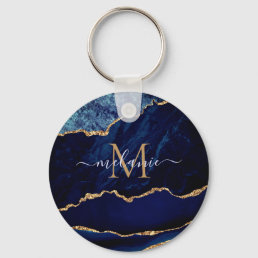 Agate Navy Blue Gold Marble Monogram Name Keychain