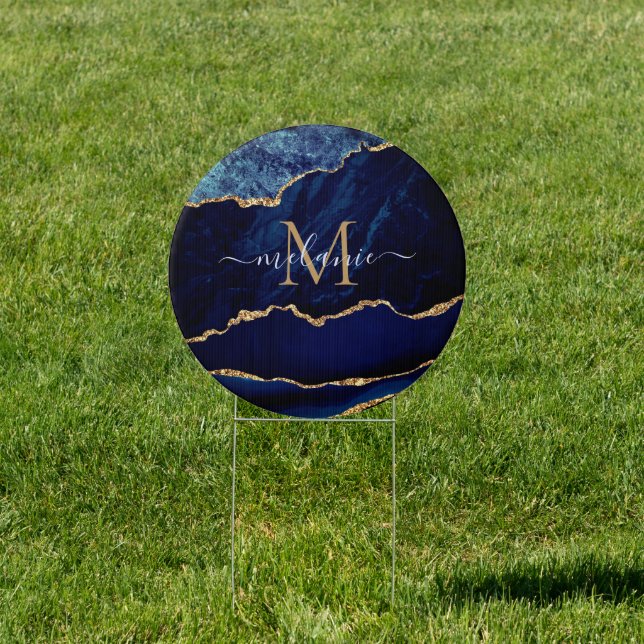 Agate Navy Blue Gold Marble Monogram Name Sign (Insitu)