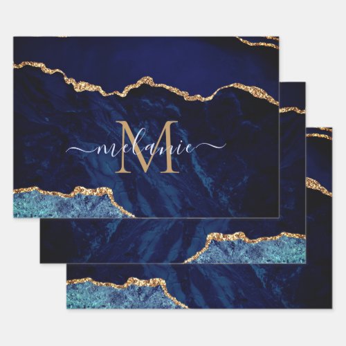 Agate Navy Blue Gold Marble Monogram Name Wrapping Paper Sheets