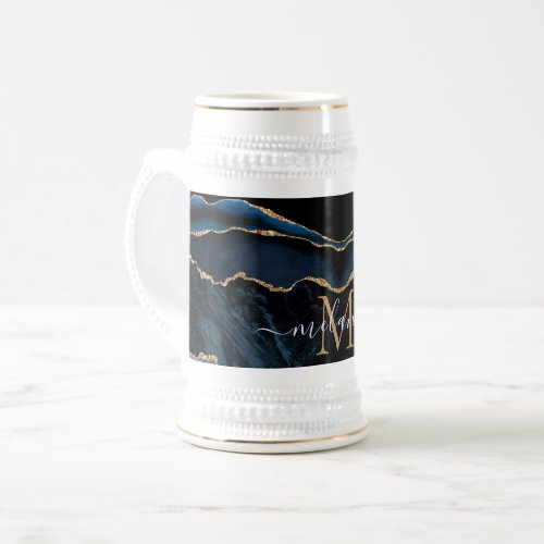 Agate Navy Blue Gold Marble Name Letter Beer Stein