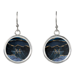 Agate Navy Blue Gold Marble Name Letter Earrings