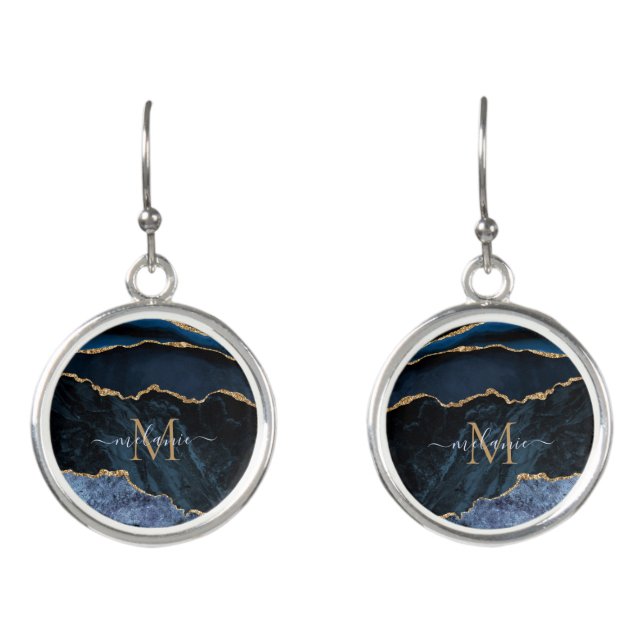 Agate Navy Blue Gold Marble Name Letter Earrings (Front)