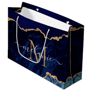Agate Navy Blue Gold Marble Name Letter Gift Bag