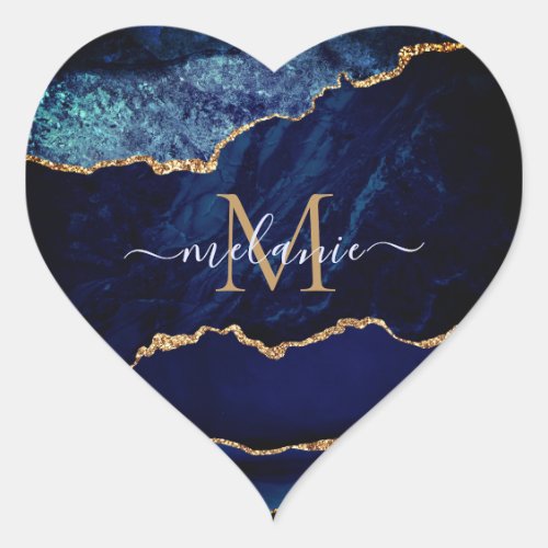 Agate Navy Blue Gold Marble Name Letter Sticker