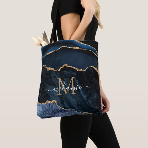 Agate Navy Blue Gold Marble Name Letter Tote Bag