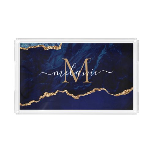Agate Navy Blue Gold Marble Name Serving Tray