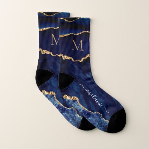Agate Navy Blue Gold Marble Socks Your Name Letter