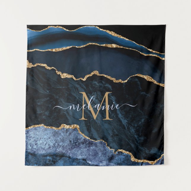 Agate Navy Blue Gold Marble Tapestry Monogram Name (Front)