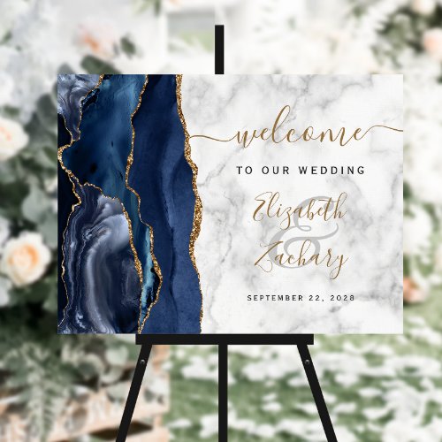 Agate Navy Blue Gold Marble Wedding Welcome Foam Board