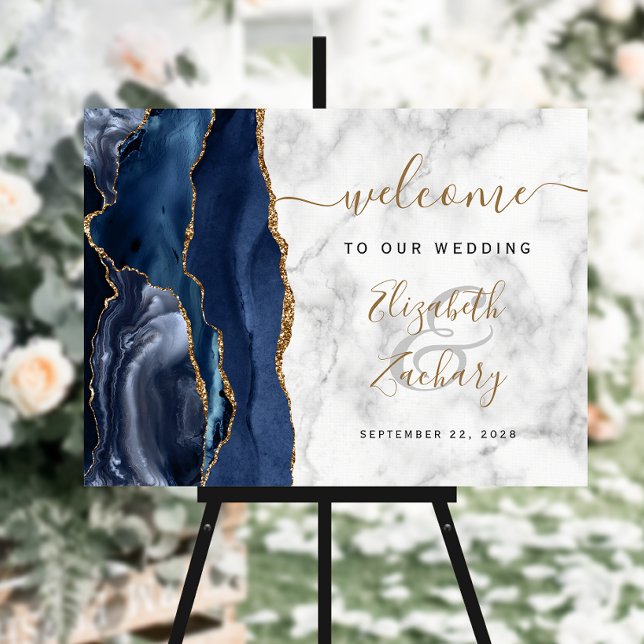 Agate Navy Blue Gold Marble Wedding Welcome Foam Board (Creator Uploaded)