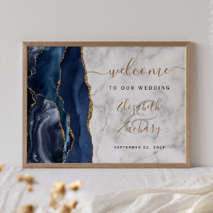 Agate Navy Blue Gold Marble Wedding Welcome Poster