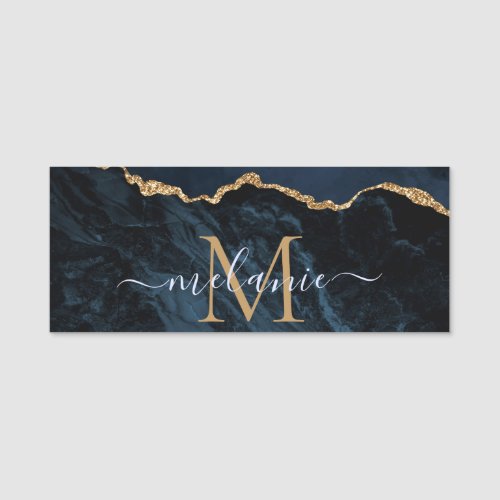 Agate Navy Blue Gold Marble Your Letter Name Tag