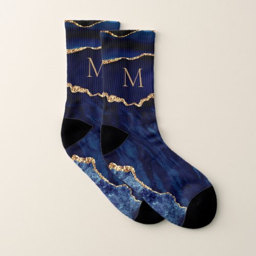 Agate Navy Blue Gold Marble Your Letter Socks Gift