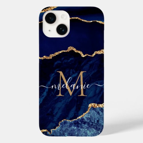 Agate Navy Blue Gold Marble Your Name and Letter Case_Mate iPhone 14 Case
