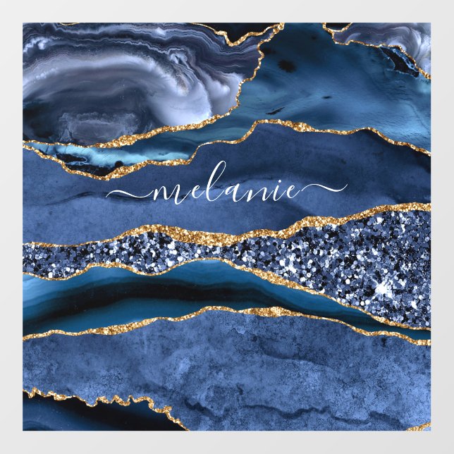 Agate Navy Blue Gold Marble Your Name Floor Decals (Front)