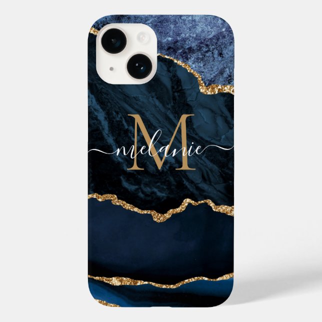Agate Navy Blue Gold Marble Your Name Letter Gift Case-Mate iPhone Case (Back)
