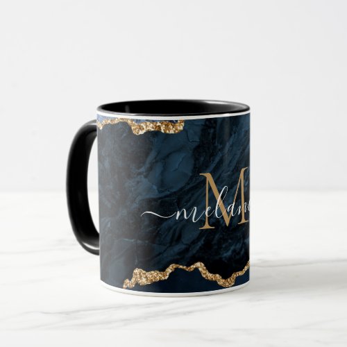 Agate Navy Blue Gold Marble Your Name Letter Mug