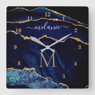 Agate Navy Blue Gold Marble Your Name Wall Clock