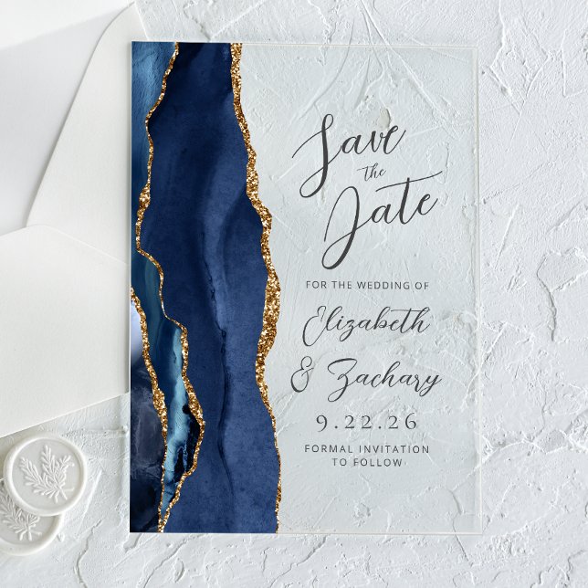 Agate Navy Blue Gold Modern Script Wedding Acrylic Invitations (Creator Uploaded)