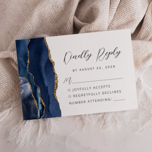 Agate Navy Blue Gold Modern Script Wedding RSVP Card