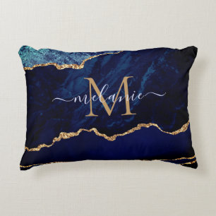 Agate Navy Blue Gold Name Letter Accent Pillow