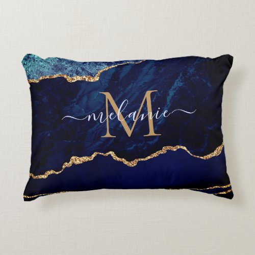 Agate Navy Blue Gold Name Letter Accent Pillow