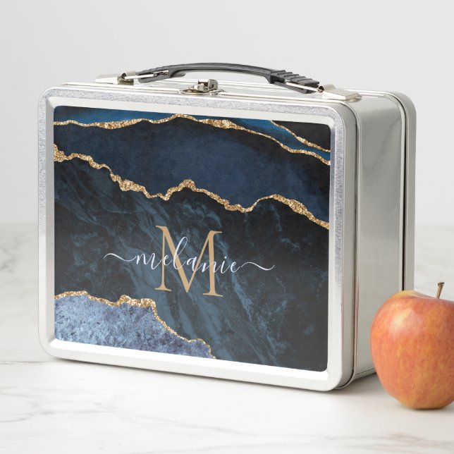 Agate Navy Blue Gold Name Letter Metal Lunch Box (In Situ)