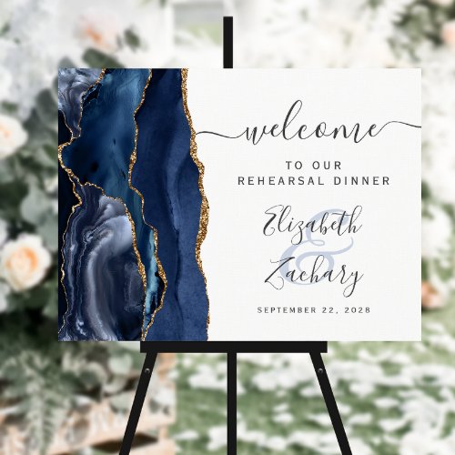 Agate Navy Blue Gold Rehearsal Dinner Welcome Foam Board