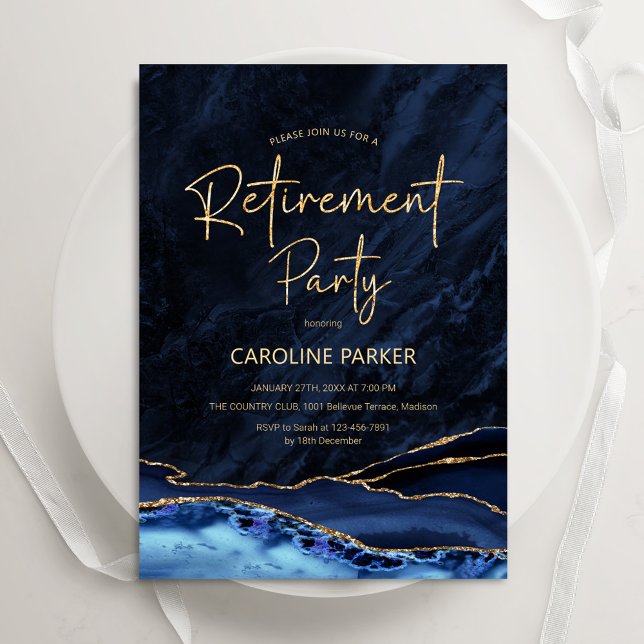 Agate Navy Blue Gold Retirement Party Invitation (Creator Uploaded)
