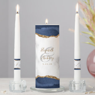 Agate Navy Blue Gold Script Marble Wedding Unity Candle Set