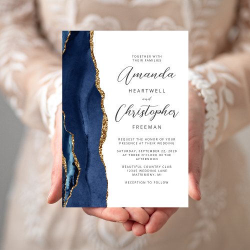 Agate Navy Blue Gold Script Wedding Invitation