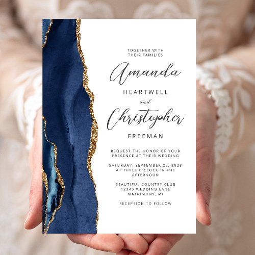Agate Navy Blue Gold Script Wedding Invitation