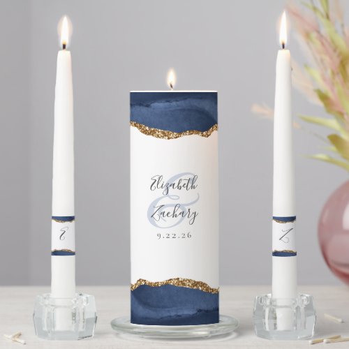 Agate Navy Blue Gold Script Wedding Unity Candle Set