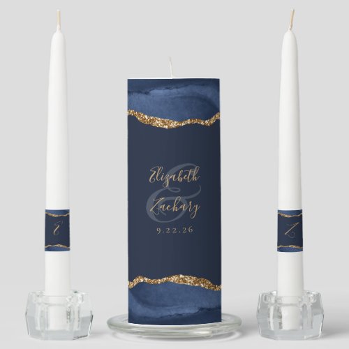 Agate Navy Blue Gold Script Wedding Unity Candle Set