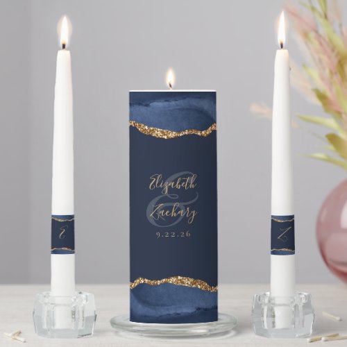 Agate Navy Blue Gold Script Wedding Unity Candle Set