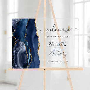 Agate Navy Blue Gold Script Wedding Welcome Acrylic Sign