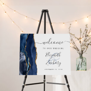 Agate Navy Blue Gold Script Wedding Welcome Foam Board