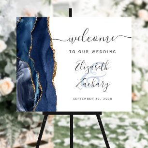Agate Navy Blue Gold Script Wedding Welcome Foam Board
