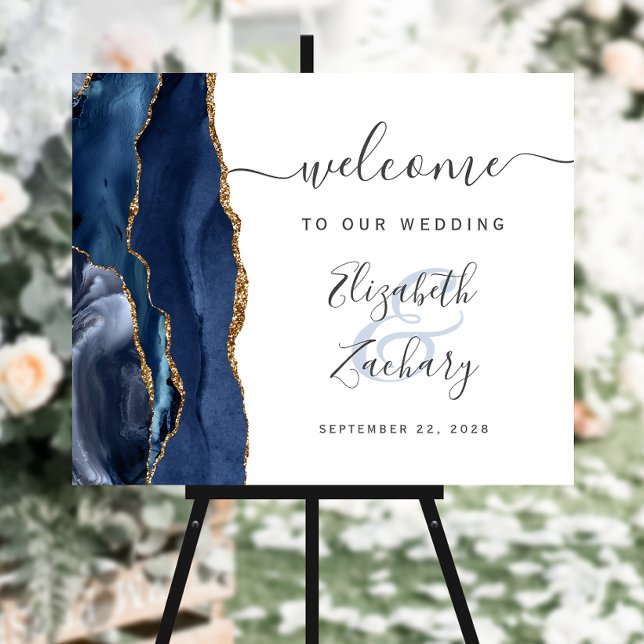 Agate Navy Blue Gold Script Wedding Welcome Foam Board (Creator Uploaded)