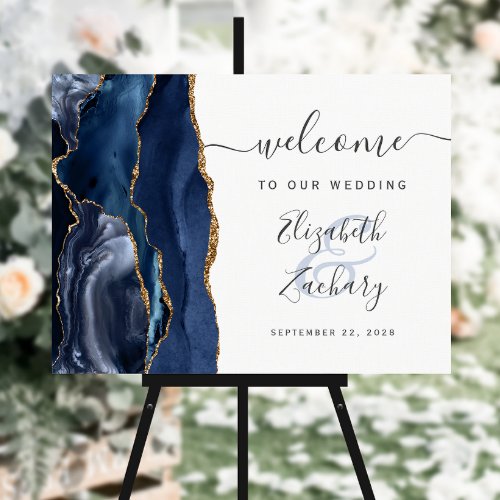 Agate Navy Blue Gold Script Wedding Welcome Sign