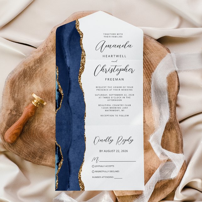 Agate Navy Blue Gold Wedding All In One Invitation (Creator Uploaded)