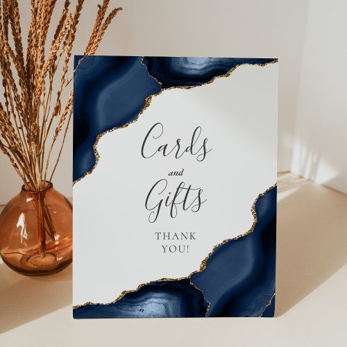 Agate Navy Blue Gold Wedding Cards and Gifts Pedestal Sign