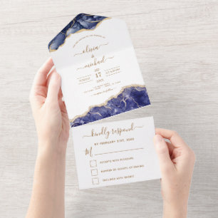 Agate Navy Blue Gold Wedding Elegant Modern All In One Invitation