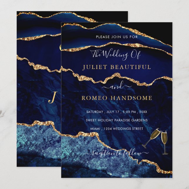 Agate Navy Blue Gold Wedding Invitation Card (Front/Back)
