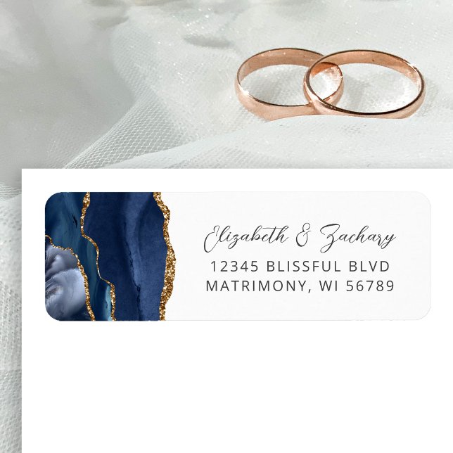 Agate Navy Blue Gold Wedding Return Address Label (Creator Uploaded)