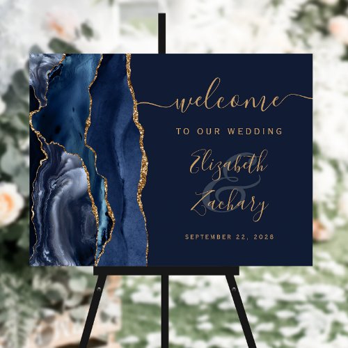 Agate Navy Blue Gold Wedding Welcome Sign