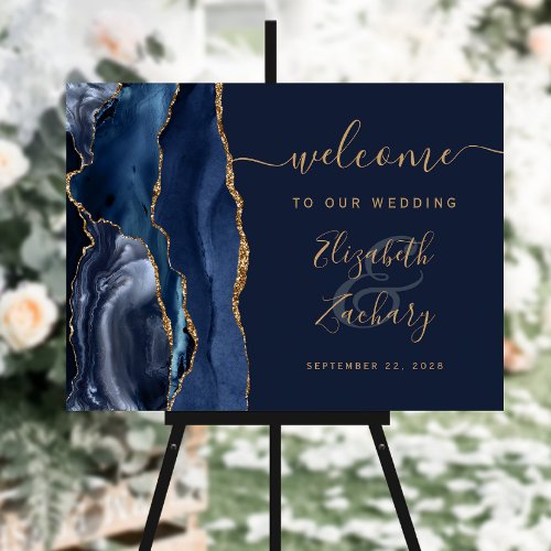 Agate Navy Blue Gold Wedding Welcome Sign