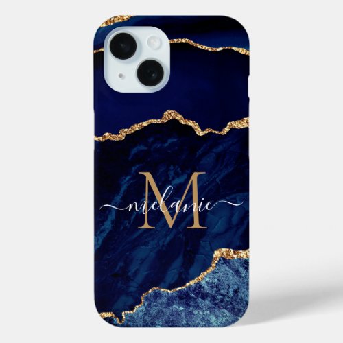 Agate Navy Blue Gold Your Name Letter iPhone Case